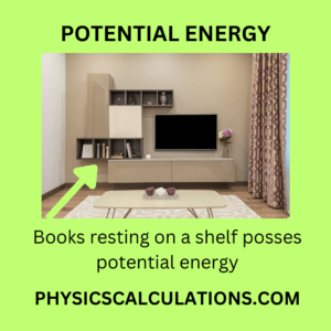 Books sitting on a shelf due to potential energy