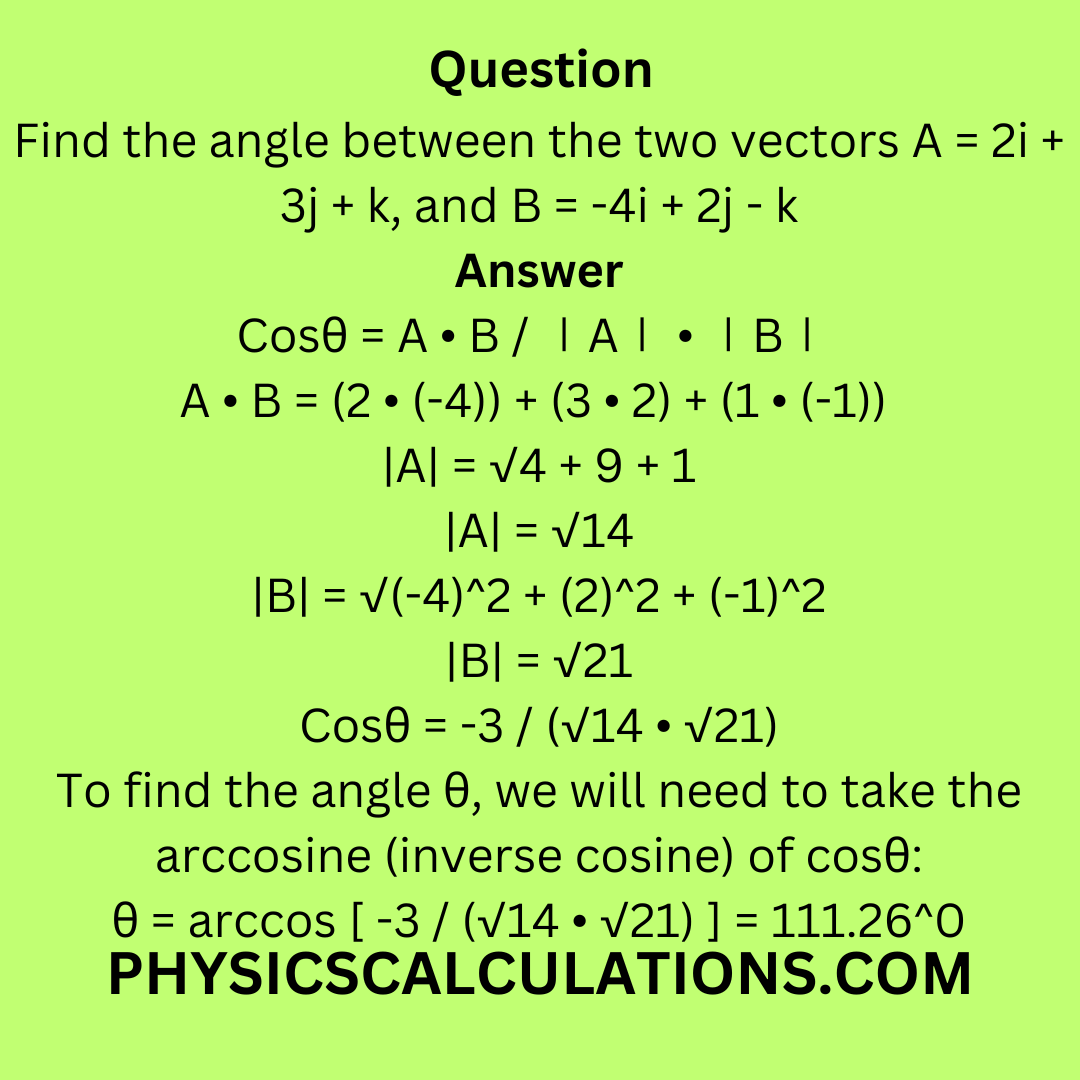 Find The Angle Between The Two Vectors A 2i 3j K And B 4i 2j K 2265