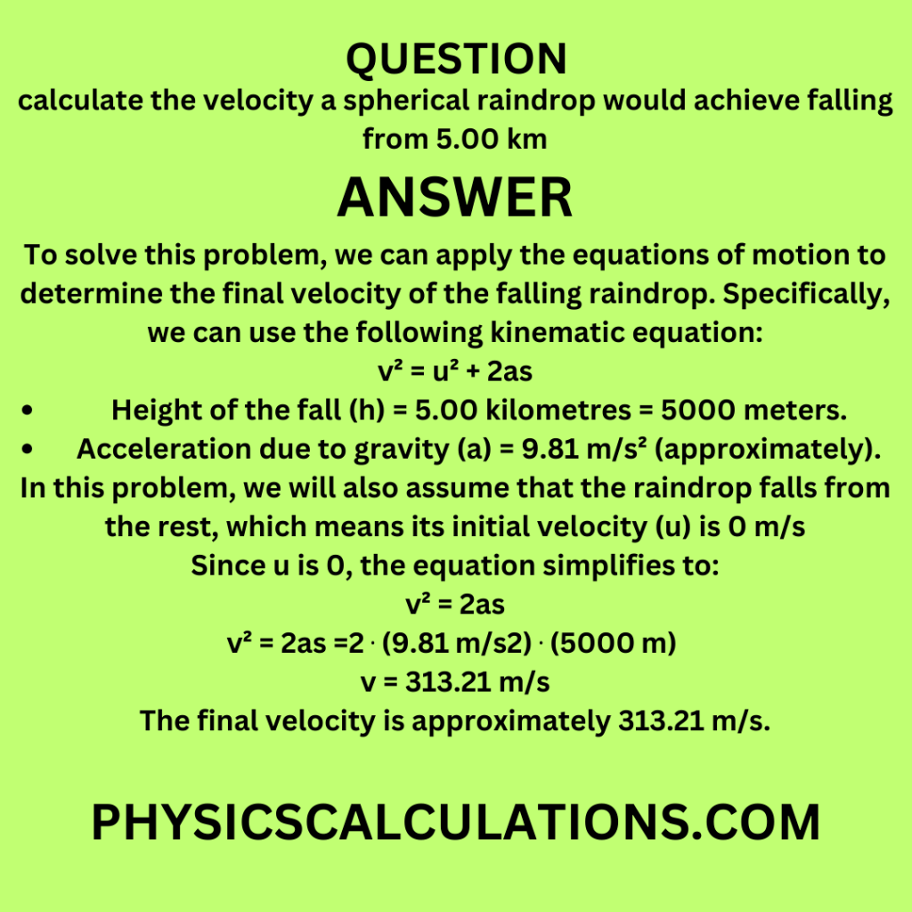 calculate the velocity a spherical raindrop would achieve falling from 5.00 km