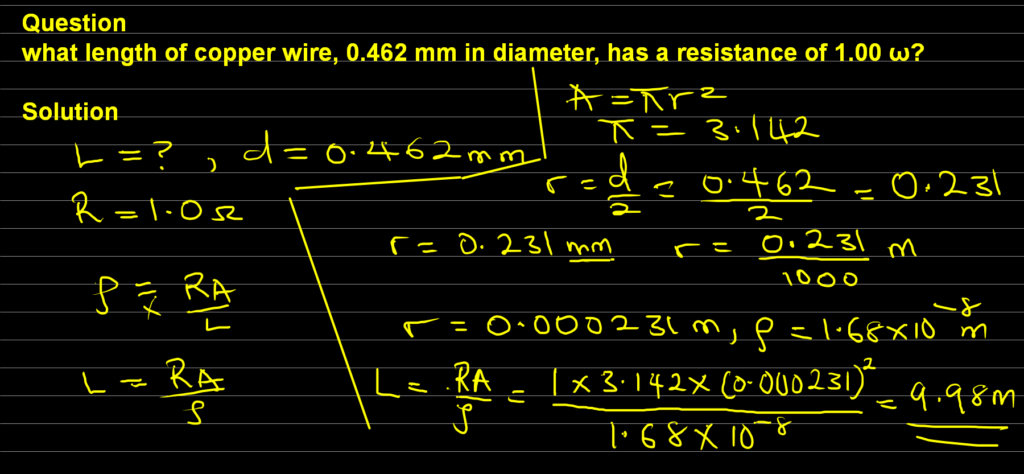 what length of copper wire, 0.462 mm in diameter, has a resistance of 1.00 ω?