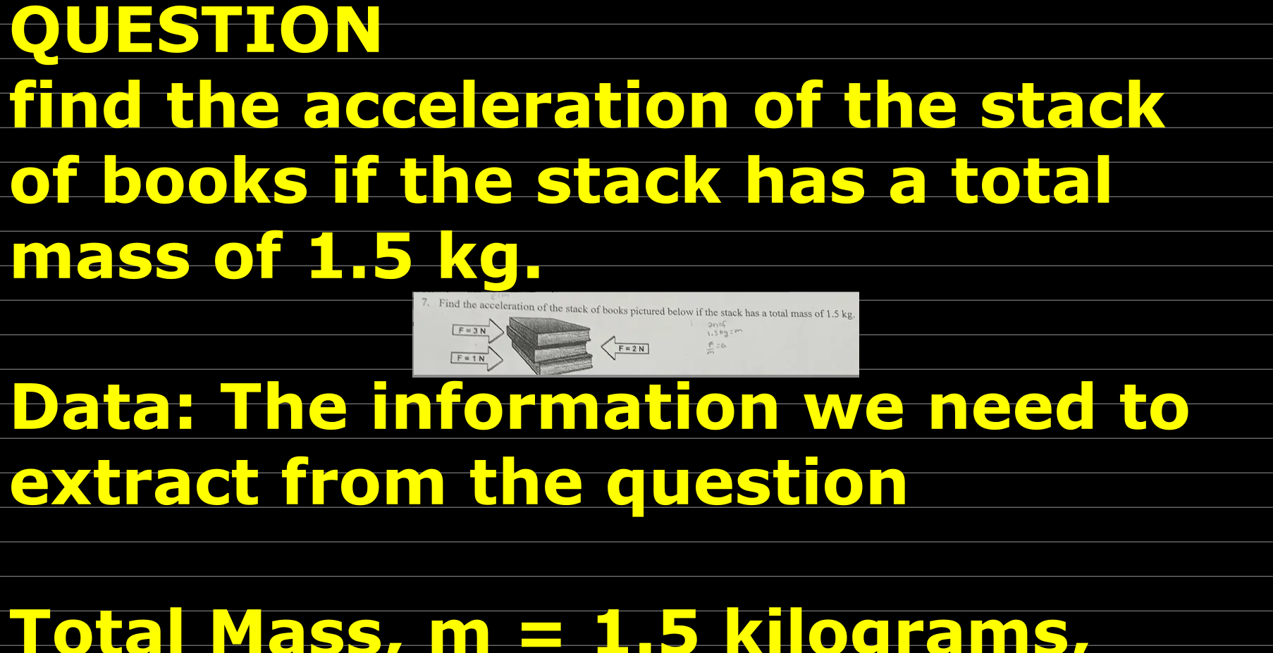 find the acceleration of the stack of books if the stack has a total mass of 1.5 kg